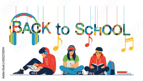 Картината върху платно Back to School Multitasking: Students engrossed in various learning activities—reading a book, using a tablet, and drawing on a tablet—listen to music via headphones