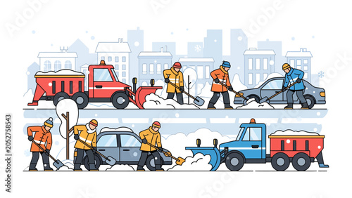 Foto Snow Removal Crew: A team of workers in bright orange jackets diligently clear snow from city streets and cars using shovels and snowplows, ensuring smooth passage during a winter storm