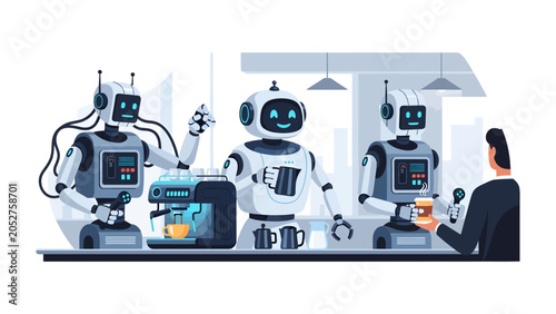 Fotografie Robotic Barista Service: Three futuristic robots expertly prepare and serve coffee to a customer in a modern cafe setting, showcasing advanced automation and artificial intelligence