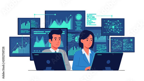 Foto Data Analysis Hub: Two analysts are immersed in the digital world, surrounded by a multitude of screens displaying complex charts, graphs, and data visualizations