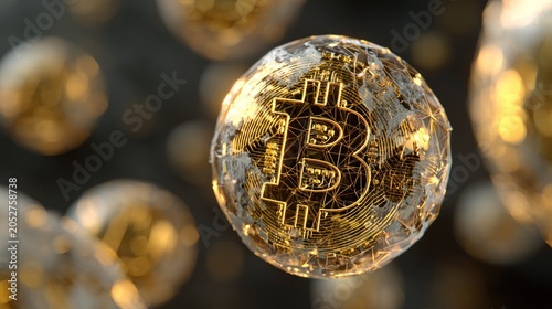 Glowing digital currency symbols encased in crystalline spheres float in darkness