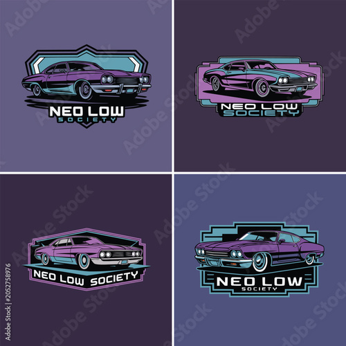 Four retro pixel art car logos featuring purple lowrider club designs