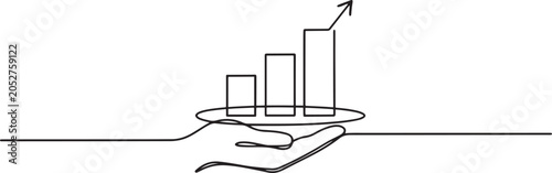 Continuous line vector illustration of hand holding dish with graph going up with an arrow on white background, Single line draw design vector