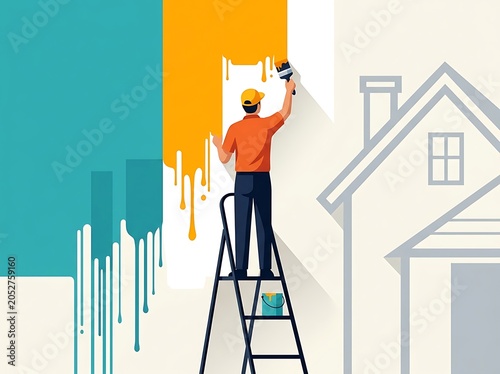 Professional painter on a ladder painting a house outline with dripping teal and orange paint, flat vector illustration of home renovation and maintenance services