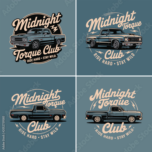 Vintage style pickup truck emblems for a midnight torque club