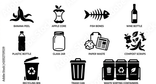 Fotografie Food waste and recyclable materials black icon set vector collection isolated on