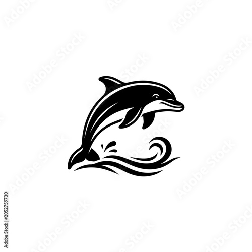 Dynamic black dolphin leaping from stylized ocean waves sleek marine mammal illustration.