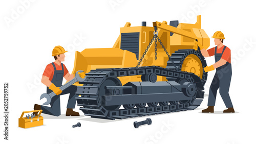 Bulldozer Repair Crew: Two construction workers in hard hats and overalls meticulously repair a large yellow bulldozer, surrounded by tools and spare parts.
