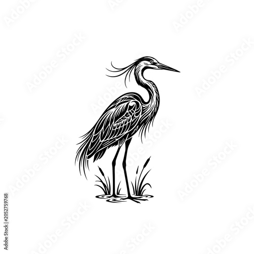 Stylized Black Heron Vector Illustration with Ornate Feather Details and Crested Head Standing Gracefully.