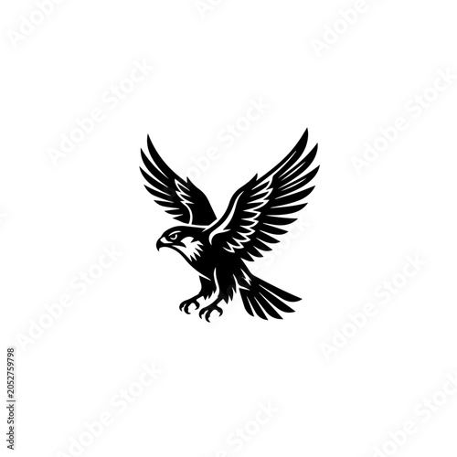 Bold black falcon with spread wings and sharp talons in dynamic flight pose graphic illustration.