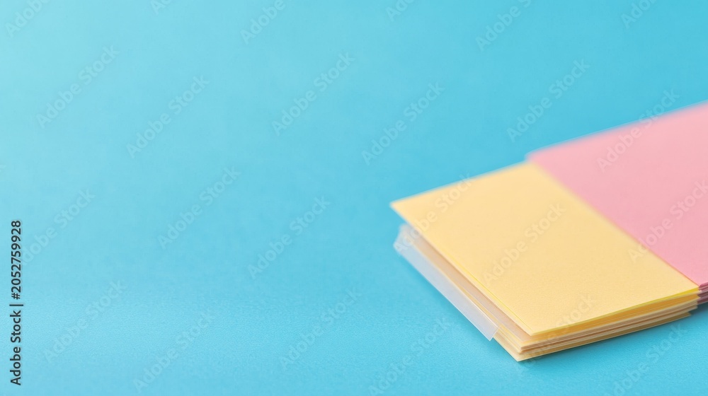 Fototapeta premium Vibrant blue background with minimalist composition yellow and pink pastel sticky notes with translucent tab in bottom right corner. Blank surface, ideal for organization, ideas and