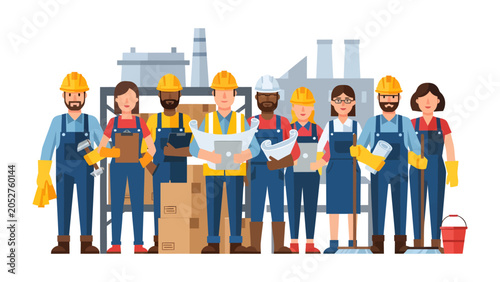 Diverse Industrial Workforce: A diverse group of factory workers, wearing hard hats and safety vests, stand confidently in front of industrial buildings and equipment, ready to tackle any challenge.