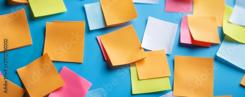 Vibrant flat lay of assorted colorful sticky notes, some overlapping and curled, on a bright blue backdrop, symbolizing brainstorming, tasks and creative thought. Reminders, Planning