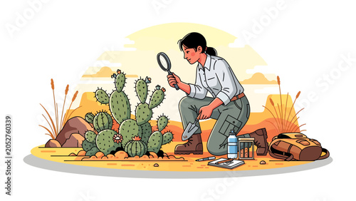 Schilderij op canvas Botanist Studying Cactus in Arid Landscape: A female botanist meticulously examines a prickly pear cactus using a magnifying glass, surrounded by the warm hues of a desert environment