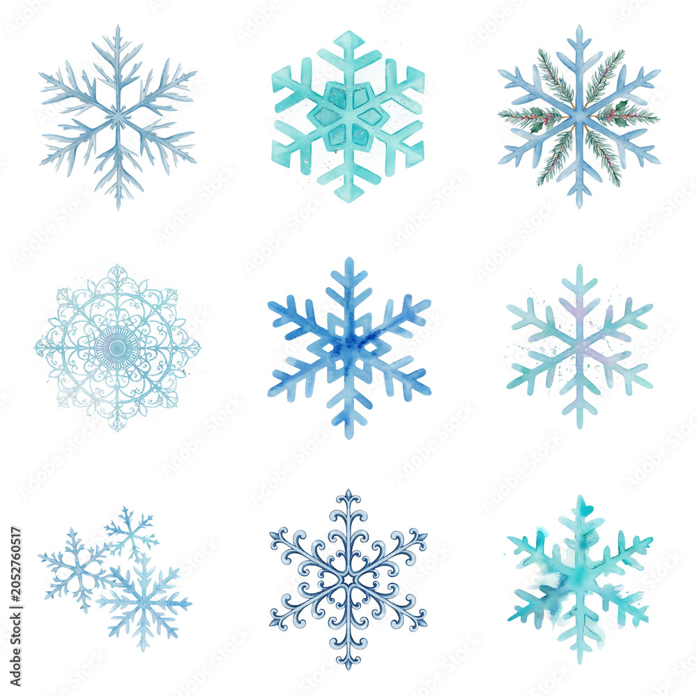 Fototapeta premium Set of watercolor snowflakes isolated on transparent background