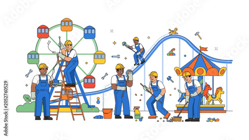 Obraz na plátne Amusement Park Maintenance Crew: A team of workers in blue overalls and hard hats diligently maintain rides at an amusement park, with a roller coaster, Ferris wheel, and carousel in the background