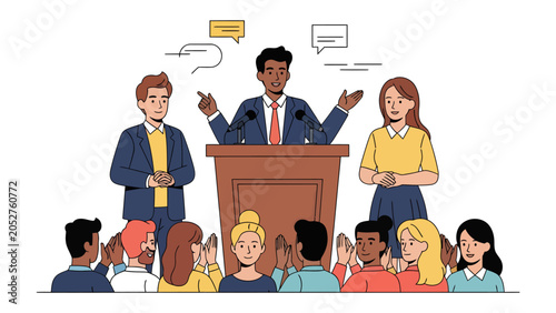 Foto Political Debate and Public Address: A charismatic speaker addresses a crowd from a podium, with two debaters flanking, during an animated political discussion before an engaged audience