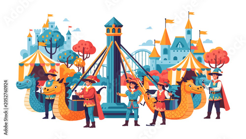 Bild auf Leinwand Medieval Fairground Attraction: A vibrant illustration of a medieval fairground, featuring people in period costumes, dragon-themed rides, tents, and colorful castle structures