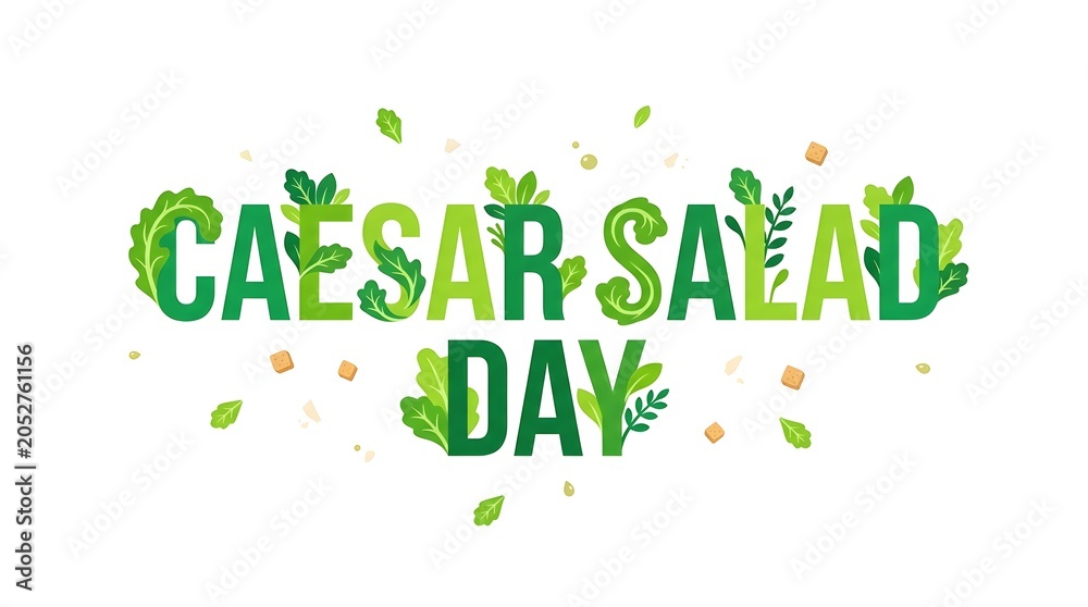 Fototapeta premium Caesar Salad Day Typography Design with Lettuce Leaf Elements Minimal Flat Vector Illustration