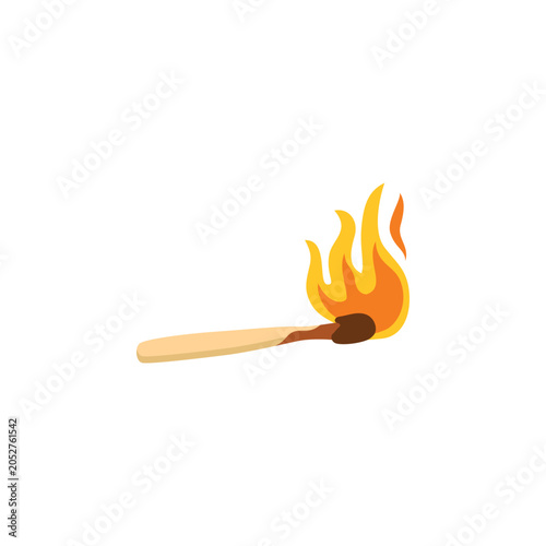 Burning Matchstick with Bright Orange Flame Flat Vector Illustration
