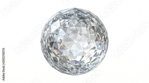 Sparkling faceted crystal sphere, brilliant diamond glass ball with geometric light reflections, luxury jewelry element on white background