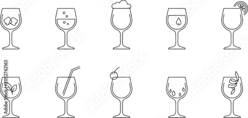 ten sets of white wine glass line icons. with ice cube, soda, foam and cold water, Single line draw design vector