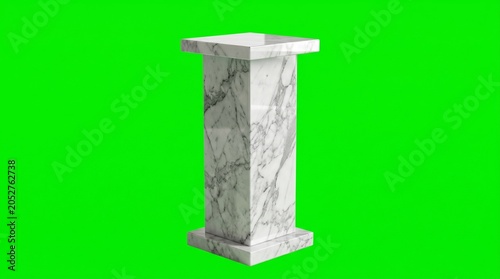White marble pedestal on green screen, luxury stone display stand for product presentation, elegant marble column podium with grey veins