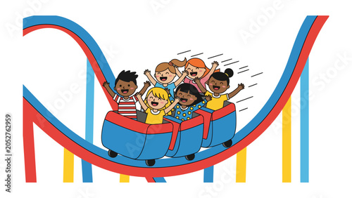 Принти на полотні Excited Kids on Roller Coaster Ride: A group of diverse children with joyful expressions ride down a steep roller coaster track, hands in the air, experiencing thrill and excitement