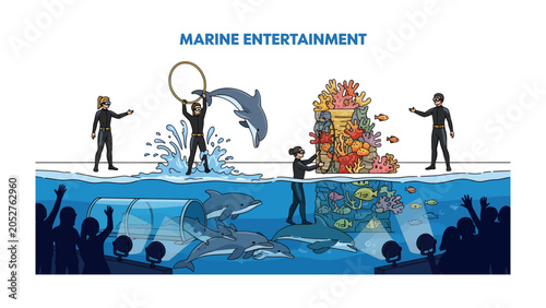 Schilderij op canvas Marine Entertainment Showcase: An animated illustration depicting a captivating marine entertainment show with dolphins leaping through hoops and vibrant coral reefs teeming with fish