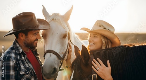 Cowboy couple with horses at sunset