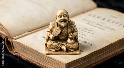 Golden figurine of laughing Buddha on open book with antique pages  
