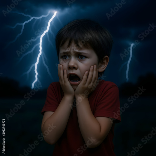 Young boy scared and covering his face during thunderstorm at night  
