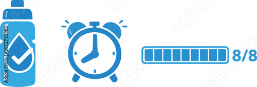 Blue icons of water bottle, alarm clock and battery