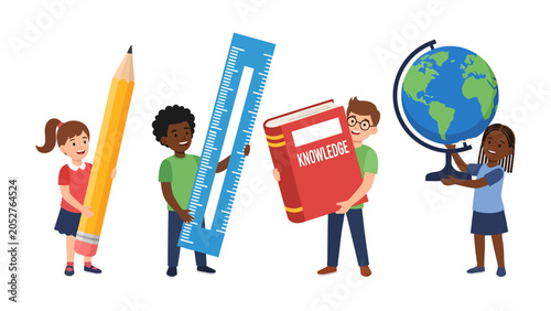 Bild auf Leinwand Educational Journey: Diverse children embark on a journey of learning, holding oversized school supplies like a pencil, ruler, book labeled Knowledge, and a globe
