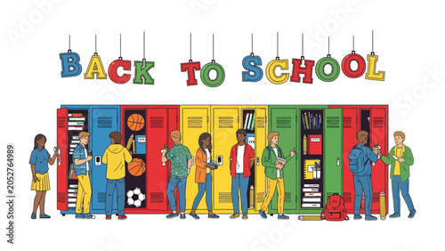 Quadro em tela Back To School Scene: A colorful illustration depicts students in front of vibrant school lockers, with the phrase BACK TO SCHOOL hanging above, capturing the excitement of returning to learning