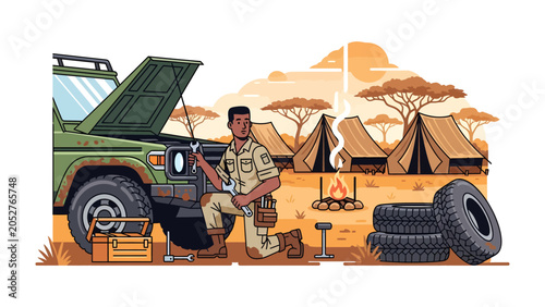 Foto Mechanic in the Savannah: A dedicated mechanic with a tool belt repairs a rugged off-road vehicle in a dusty savannah encampment, with tents and a campfire visible in the background