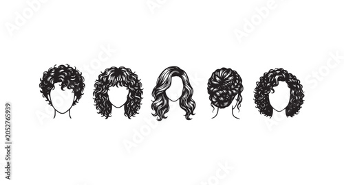 Set of pack unique woman long curly and wavy hair style vector icon on a white background
