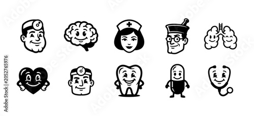 Set of cute medical and healthcare character icons in retro cartoon style