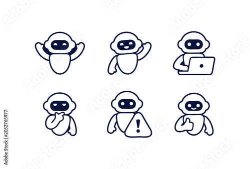 Set of cute robot character icons in different poses