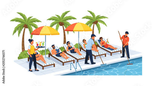 Photography Tropical Resort Bliss: A vibrant illustration depicts guests relaxing on sun loungers by a shimmering swimming pool, complete with palm trees and attentive staff
