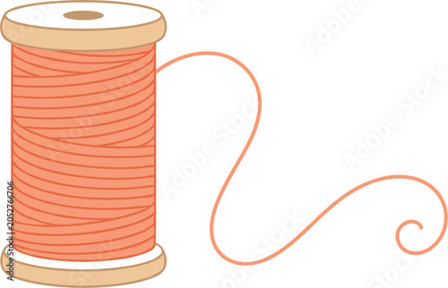 Konstfotografi Wooden spool of peach colored sewing thread with loose swirling strand isolated on white background for tailoring and embroidery craft concepts