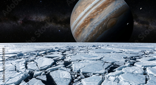 Cracking ice sheets on an alien moon surface with a massive jupiter planet overhead