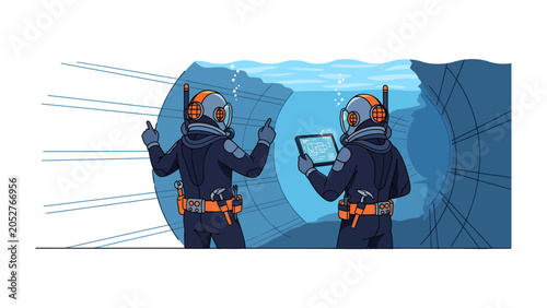 Valokuva Underwater Exploration: Two divers in futuristic suits examine a tablet computer within a submerged underwater structure, their equipment gleaming and bubbles rising