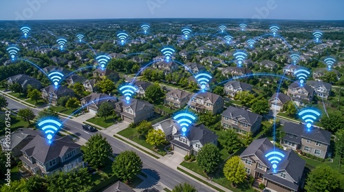 Aerial suburban neighborhood view with wireless internet signal icons
