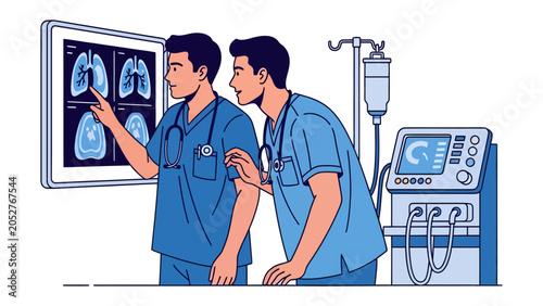 Foto Medical Team Consultation: Two medical professionals examine X-ray images of lungs, discussing patient diagnosis in a hospital setting, with medical equipment nearby