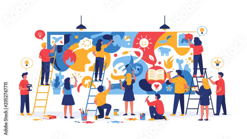 Collective Canvas: A vibrant mural comes to life as a diverse group of individuals collaborates, painting, sketching, and adding their unique artistic touch to a shared masterpiece.
