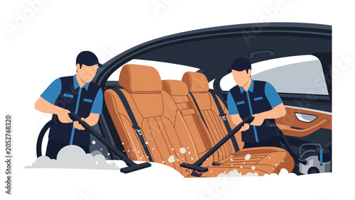 Tableau sur toile Auto Detailing Crew: Professional auto detailers meticulously clean and vacuum the luxurious leather interior of a modern car, ensuring a spotless finish with foaming soap and specialized equipment