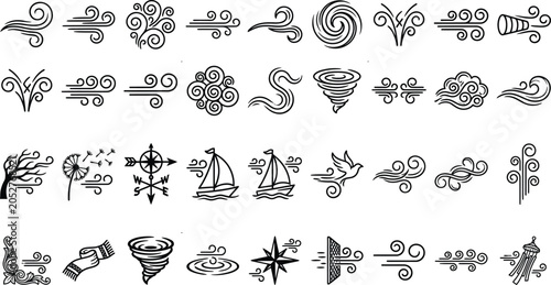 Foto Stylized black wind gusts and swirls on a white background