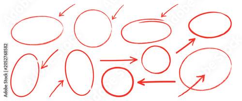 Hand drawn red circle marker highlight and arrow collection. Marking important text or correction brush elements. Vector illustration transparent background