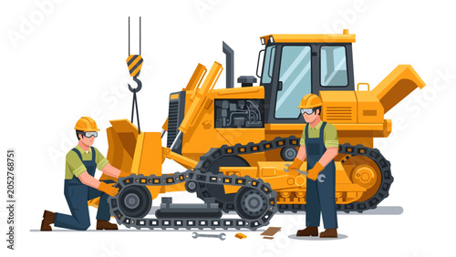 Photography Heavy Machinery Maintenance: Two mechanics in hard hats and safety goggles work on the tracks of a large yellow bulldozer, surrounded by tools and equipment